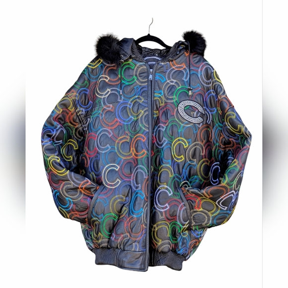 Italian Lamb Skin Embroidered Men's Leather Jacket with Fur Trimmed Hood Size 5x - Picture 7 of 16